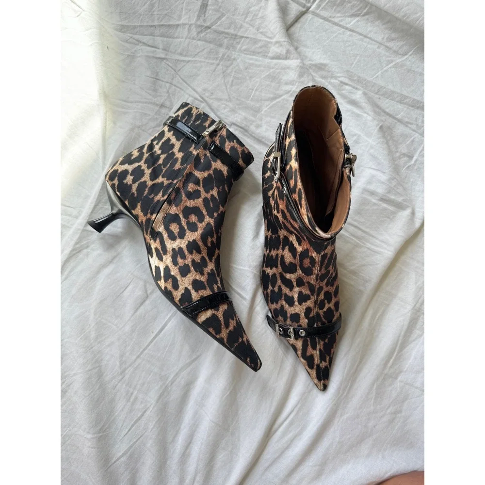 GANNI Leopard Beige & Black Satin Eyelet Kitten Heel Boots Women's Size 39 8.5/9